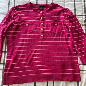 CHAPS sz‎ XL Pink Striped Button-Up preppy chic lightweight cardigan Sweater